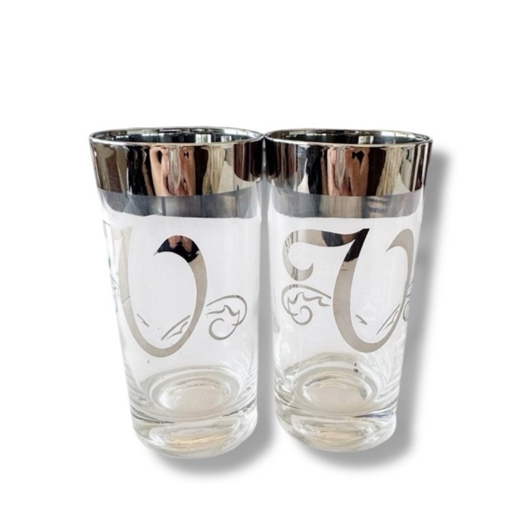Dorothy Thorpe Style Vintage Monogram "V" Silver Rim Highball Glass 2 Tumblers